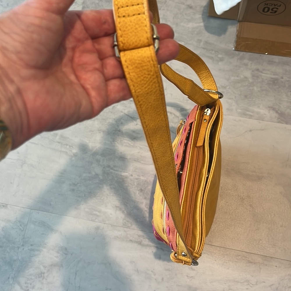 Kenzie  Crossbody or shoulder Bag  Bright pink, orange, goldenrod  10hx 12w x 3d - Picture 13 of 16